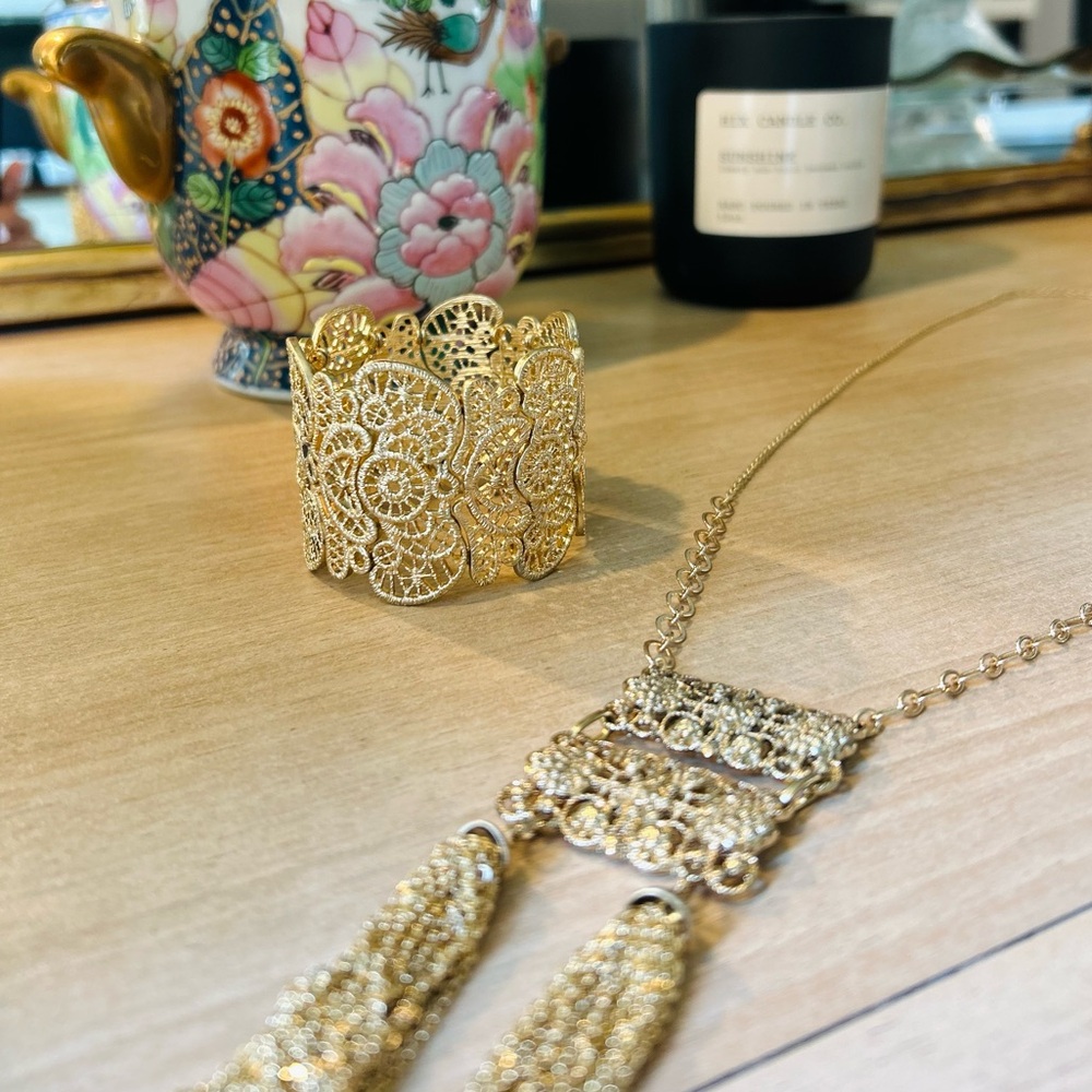 Anthropologie Gold Chantilly Lace Tassel Necklace & Bracelet Cuff Jewelry Set